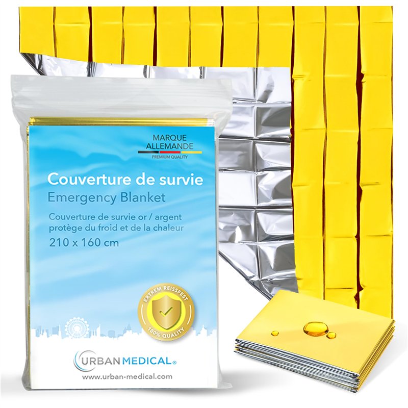 URBAN MEDICAL Couverture de survie Premium - Protection contre le froid & la chaleur - Couverture d'urgence double face or/argent