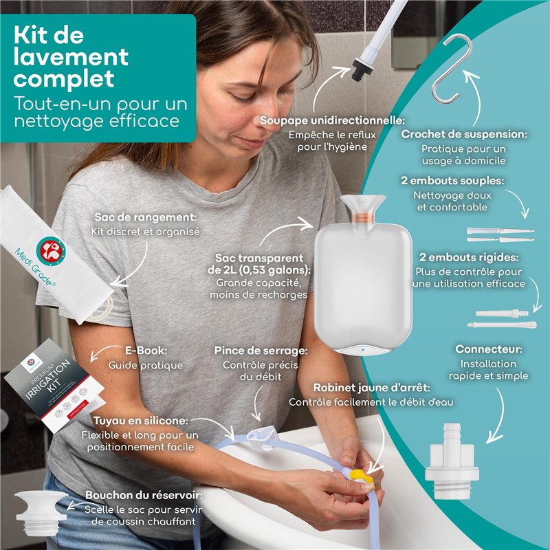 Image secondaire de Medi Grade Trousse Lavement Intestinal Qualité à Domicile – Kit Lavement Colon – Enema Kit Comprend une Poche Lavement Réutilisable