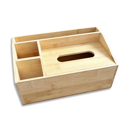 Boîte à mouchoirs multifonction en bambou naturel - 4 compartiments - Distributeur de mouchoirs - Organiseur de bureau - Distrib