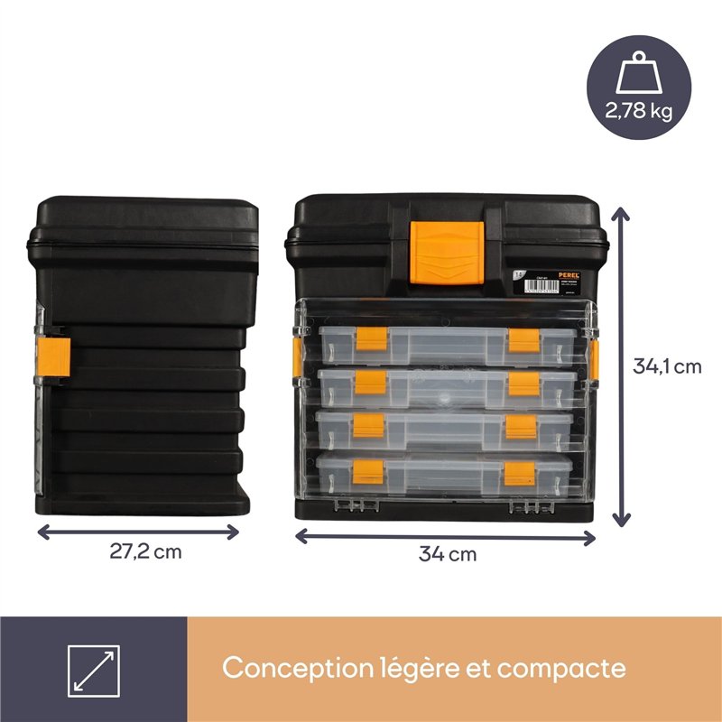 Image secondaire de Perel Coffret de rangement multifonctionnel, boite à outils, boite de rangement vide, caisse outil plastique, portable, avec 4