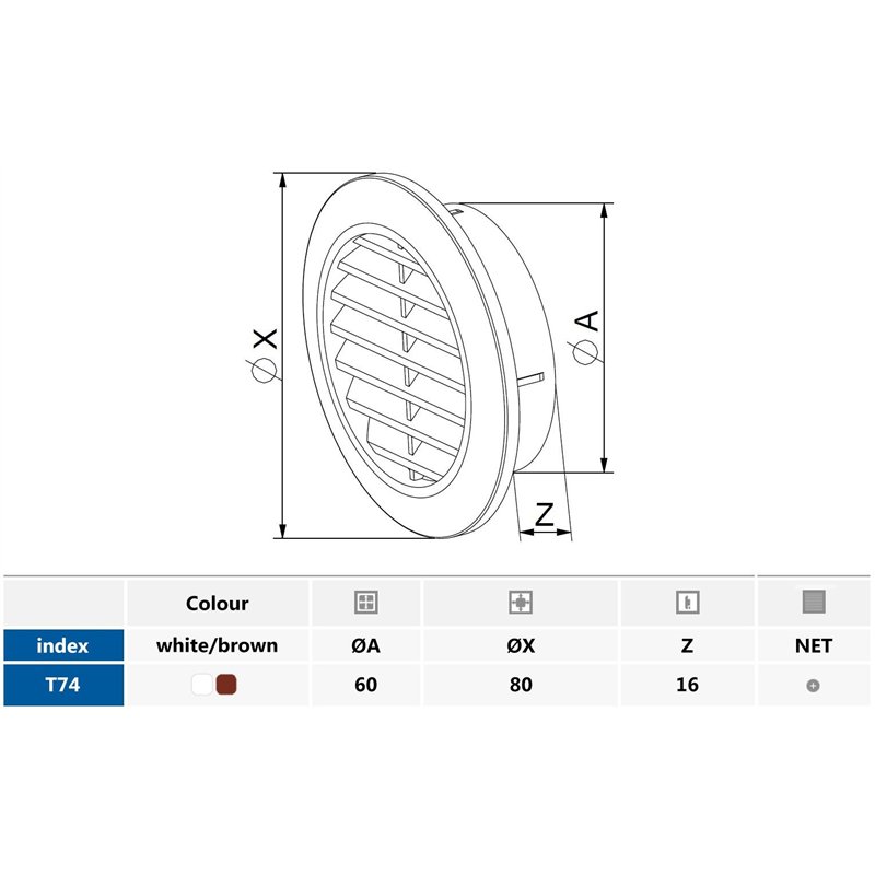 Image secondaire de Grille d'aération ronde blanche Ø 60 mm avec moustiquaire T74