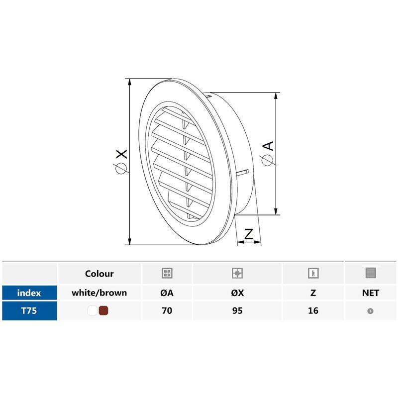 Image secondaire de MKK Ø 70 mm Grille de Ventilation Ronde Blanche en Plastique avec moustiquaire Grille d'évacuation Air Entrant Air évacué Grille