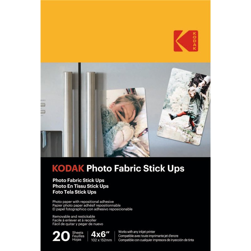 KODAK Photo Fabric Stick Ups - Papier Photo Adhésif Brillant, Pack de 20 Feuilles, Format A6 (10x15 cm), Repositionnable, Impres
