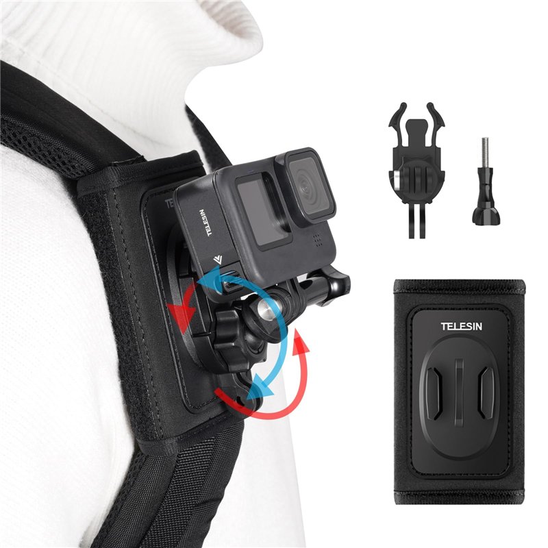 TELESIN Support de Sac à Dos Rotatif à 360 ° avec Sangle d'épaule réglable et Crochet en J pour GoPro Hero 13 12 11 10 9 8 7 Max