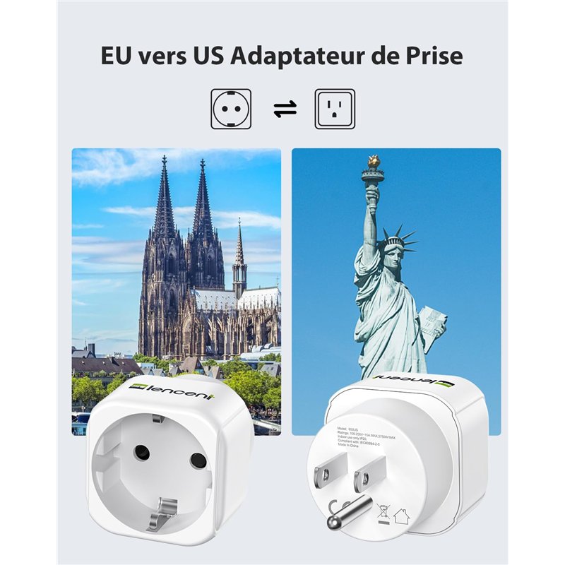 Image secondaire de LENCENT 2X Adaptateur Prise Americaine USA États-Unis Canada, Adaptateur de Voyage Europe Francaise FR 2 Broches vers US 3 Broch