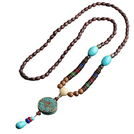 THTHT Vintage En Perles Long Collier Chaîne Chandail Sculpture Sur Bois Naturel Ethnique Blue Mantra De Six Caractères Bohemian