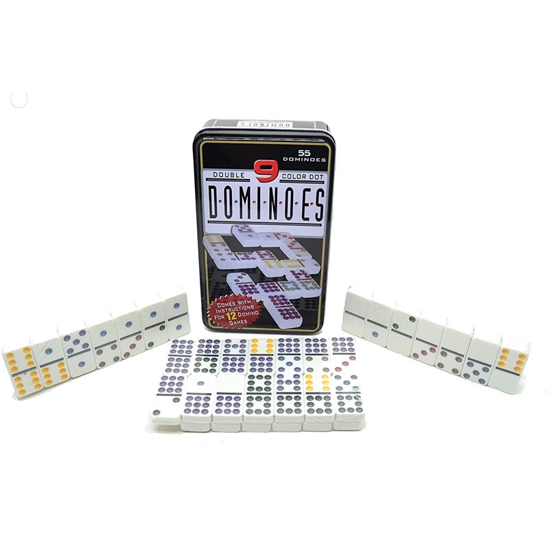 Dominos de points doubles de 9 couleurs (jeu 55, dominos) dans une boîte en métal