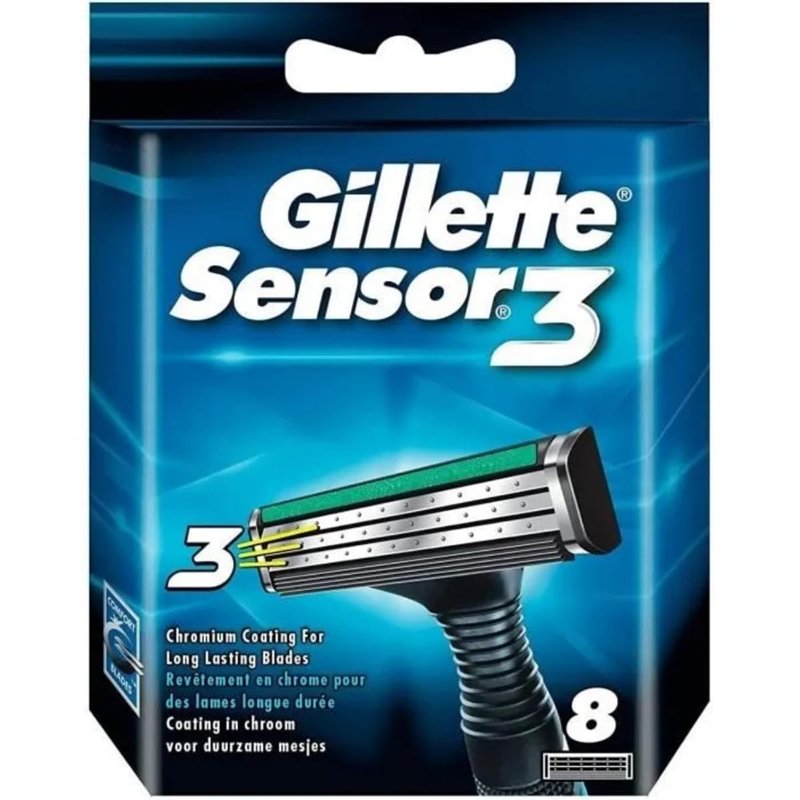 Gillette Lames de Rasoir Homme Sensor3, Pack de 8 Lames de Recharges [OFFICIEL] , l'emballage peut varier