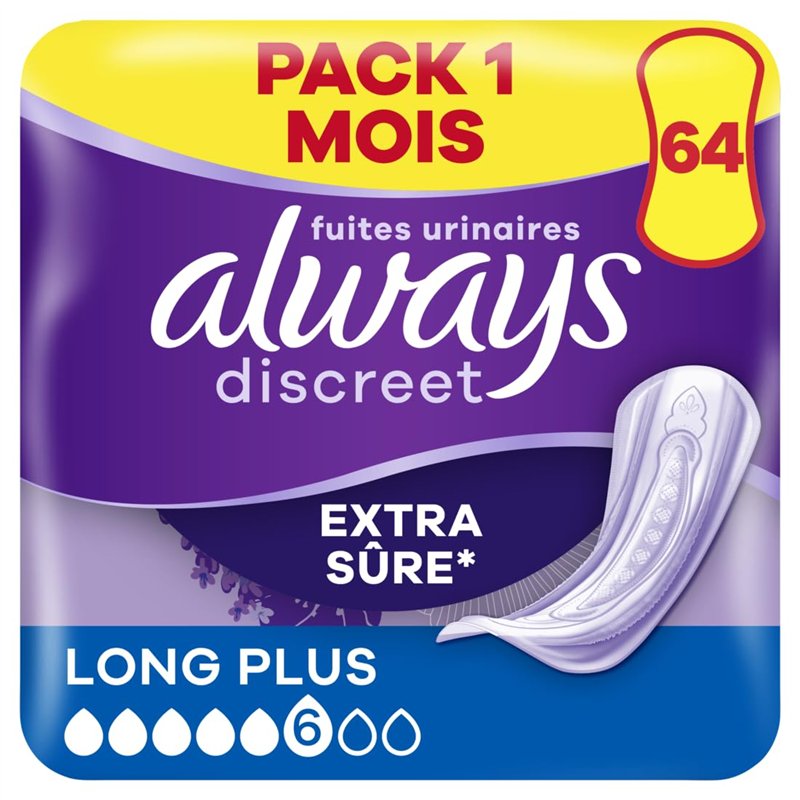 Always Discreet, 64 Serviettes Hygiéniques Incontinence Femme, Long plus 5 Gouttes, Protection Absorbante pour Fuites Urinaires 