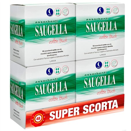 Saugella Saugella Cotton Touch Serviettes Extérieures Nuit Action Anti-odeurs Avec Ailes En Coton Hypoallergéniques 48 Pièces