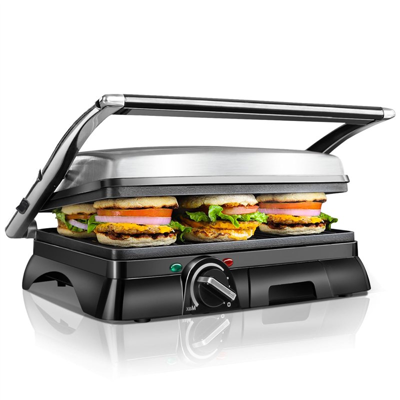 Aigostar Gril viande et panini multifonction, 2000W, Appareil paninis，Plaques antiadhésives et ouverture à 180º, Bac à graisse a