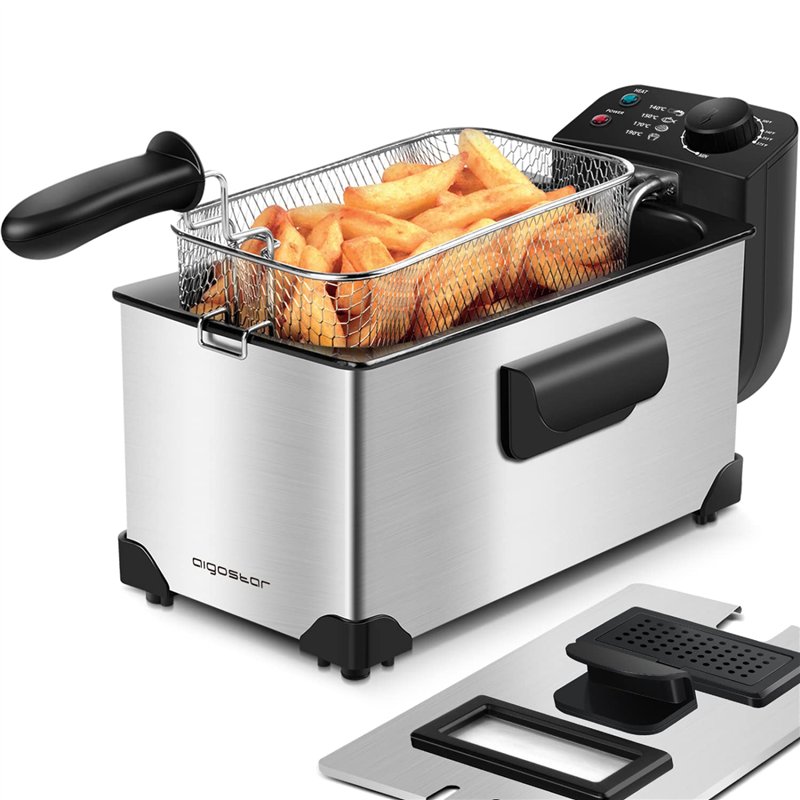 Aigostar Ushas 30HEZ - Friteuse en acier inoxydable de type 304. 2200W, capacite de 3L. Cuve amovible pour vider l'huile. 100% sans BPA