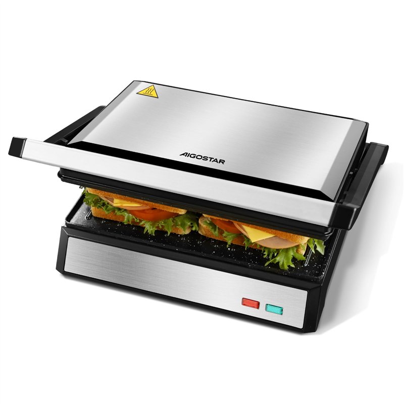 Aigostar Hett Pro - Grill Panini, Grills électriques Avec Plaques Antiadhésives. Récupérateur de Graisses Amovible, Ouverture à 180°