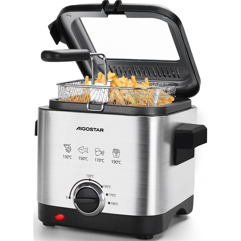 Aigostar Fries 3000041ZD - Friteuse compacte 100% sans BPA avec grande fenetre de vue et controle de la temperature. Acier inoxy
