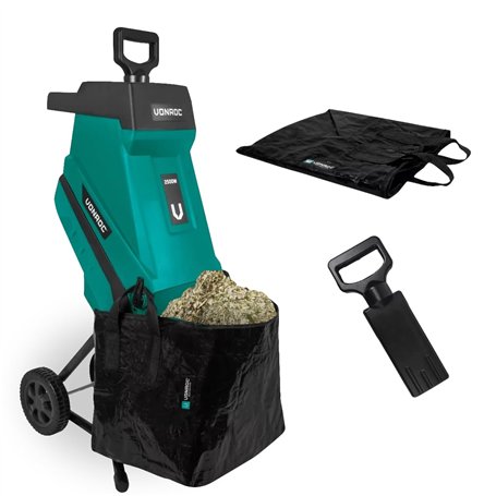 VONROC Broyeur de végétaux 2500W – Pour branches jusqu’à Ø45mm - Bac de ramassage de 45L et poussoir inclus - Fonction de sécuri