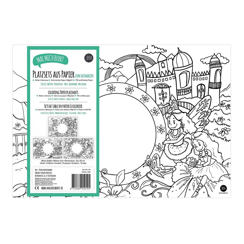 Lot de 12 Sets de Table à colorier, Motifs : Fantaisie – À la Ferme – dans l’Espace, 4 Sets de Table à colorier de Chaque Motif,