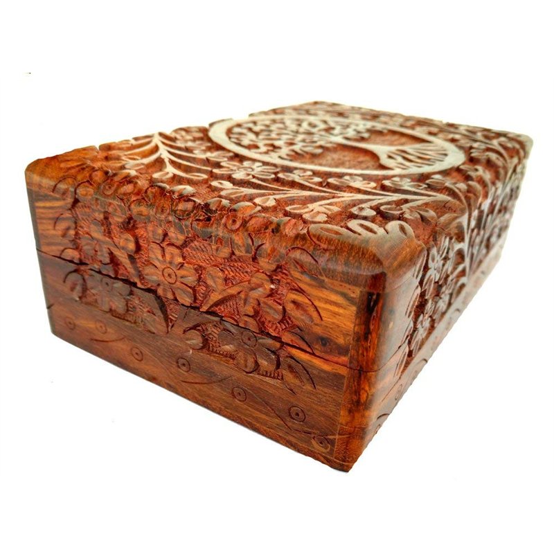 Image secondaire de Ajuny Coffre au Trésor Décoratif en Bois Sculpté à la Main 8x5 pouces Motif Arbre de vie Marron - Utilisation Polyvalente comme 