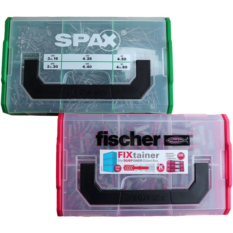 Set comprenant un assortiment de chevilles multi-usages Fischer et un assortiment de vis Spax livrés dans des mallettes de range