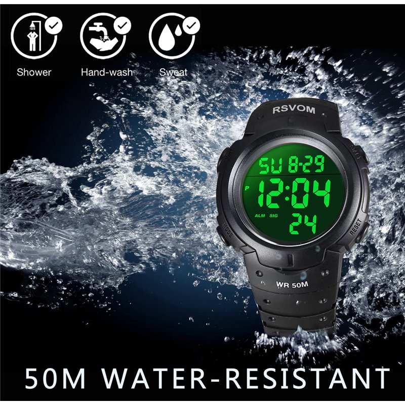 Image secondaire de RSVOM Montres Militaire numériques de Sport étanche 5 ATM, avec Alarme/chronomètre Noir Grand Visage en Cours d'exécution avec r