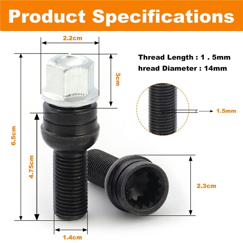 Image secondaire de DOUDOU 4 x Boulon de Roue en Acier(M14 * 1.5 MM) Écrou de Roue Écrou de Cadenas Boulon de Protection de Roue
