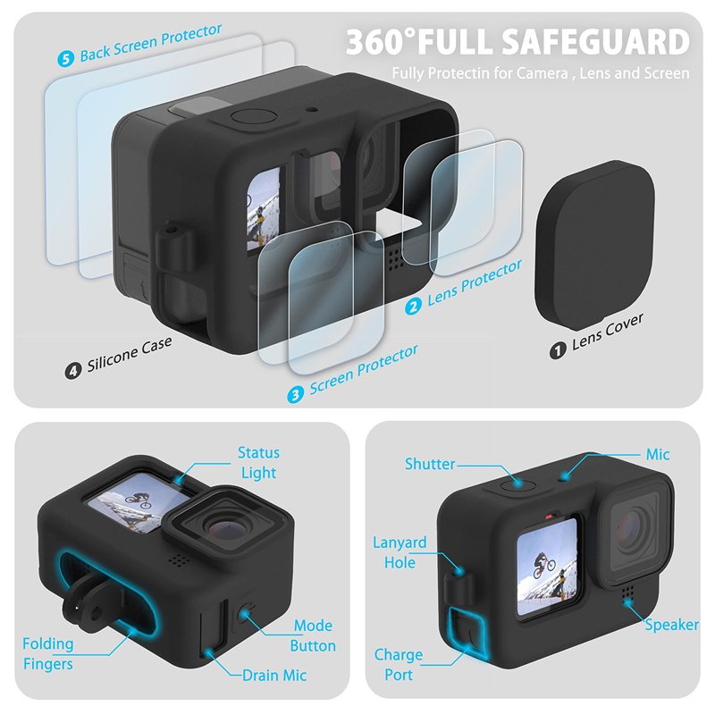 Image secondaire de FiTSTILL étui de protection en silicone pour Go pro Hero 12/Hero 11/Hero 10/Hero 9 Black, capuchon d'objectif, protecteur d'écran