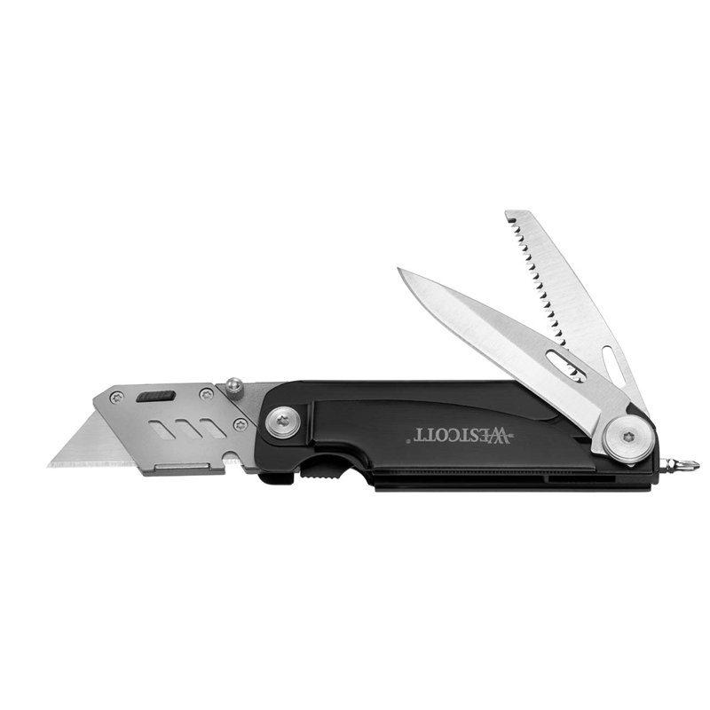Westcott E-84034 00 Multitool Cutter multifonction Couteau multifonction Lame Drop-Point 7,5 cm Scie pliante 7,5 cm Tournevis Lu