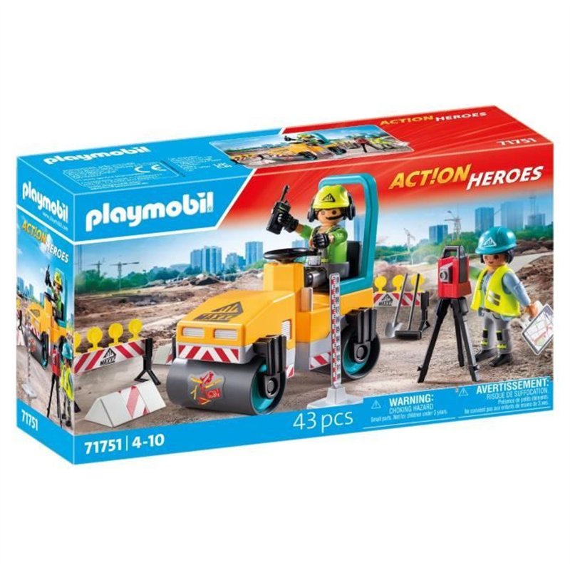 PLAYMOBIL 71751 Ouvriers avec rouleau compresseur et signalisation, Action Heroes, La construction, 43 pieces, Des 4 ans