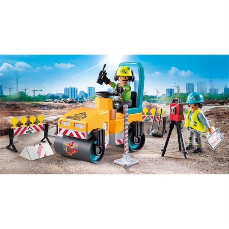 Image secondaire de PLAYMOBIL 71751 Ouvriers avec rouleau compresseur et signalisation, Action Heroes, La construction, 43 pieces, Des 4 ans