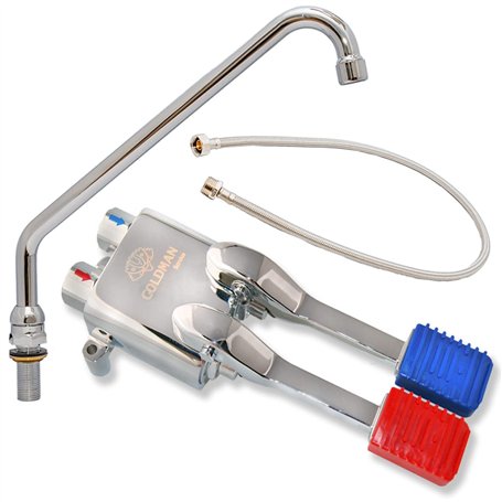 GOLDMAN SERVICE Set de robinet à pédale double mélangeur pour éviers industriels hôtellerie - Bec haut vertical rotatif - Tuyau