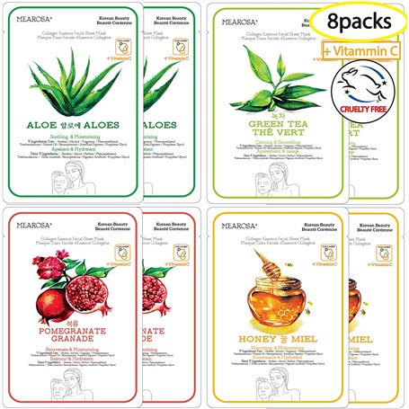 MEAROSA Masque facial en feuille Korean SkinCare de qualité supérieure Vitamine C Collagène Essence peau sensible (paquet de 8 f