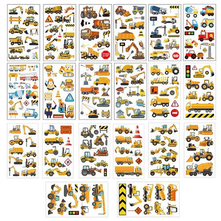 20 feuilles d'autocollants de tatouage de pelleteuse technique de véhicule de dessin animé