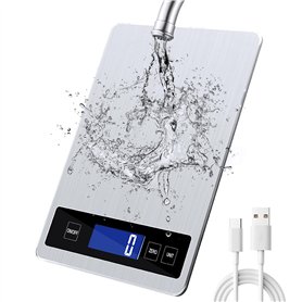 Balance de cuisine numérique 15 kg avec écran LCD + acier inoxydable + verre trempé - Précision jusqu'à 1 g - g/kg/lb:oz/ml/fl'o