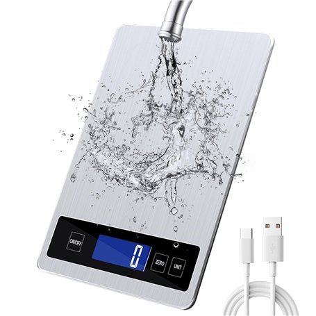 Balance de cuisine numérique 15 kg avec écran LCD + acier inoxydable + verre trempé - Précision jusqu'à 1 g - g/kg/lb:oz/ml/fl'o
