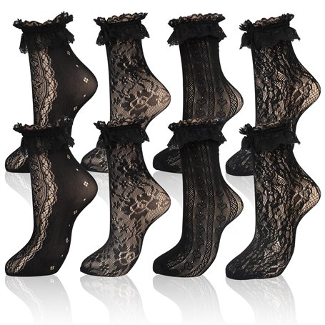 Lot de 4 Paires de Chaussettes à Volants en Dentelle pour Femme - Maille Noire