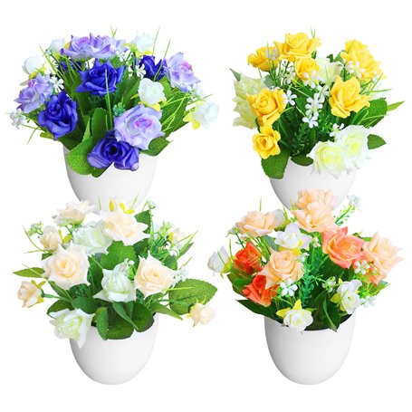 4 Pièces Petites Plantes Artificielles Fleurs Roses Mini Pot Plante Artificielle Fleurs avec Bassine Fausse Fleur Plantes en Pla