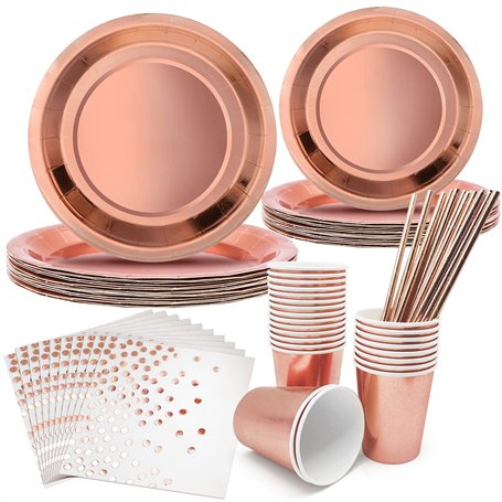 AMJKEJI Vaisselle Jetable Or Rose pour 24 Invités - Assiettes