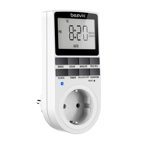 Prise programmateur numérique Besvic - 3680 W - avec 10 programmes Quotidiens configurables - Écran LCD et Mode Anti-agrafage al