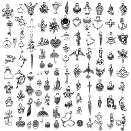 100 Pièces Breloques Argentées Charmes de Pendentifs