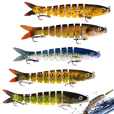 LEKEFETO Lot de 5 leurres de pêche avec 2 hameçons triples et boîte de rangement - Pour la pêche en eau douce et en eau de mer -