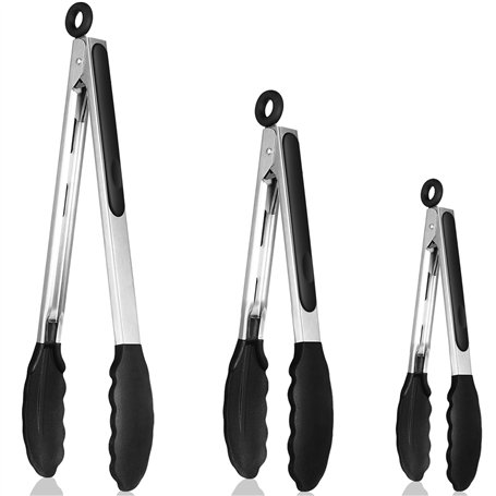 ROYOUZI Lot de 3 pinces de cuisine résistantes à la chaleur - En acier inoxydable épais et pointes en silicone sans BPA - Idéale