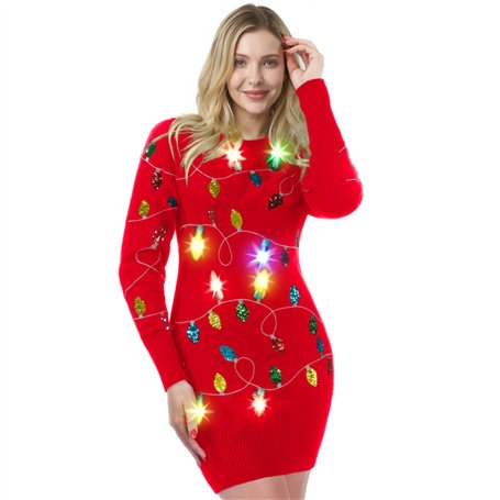 Giggling Getup Robe pull de Noël longue rouge pour femme avec ampoules lumineuses colorées
