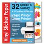 Papier autocollant en vinyle imprimable de qualité supérieure - 32 feuilles - A4 brillant - Imperméable - Papier autocollant en