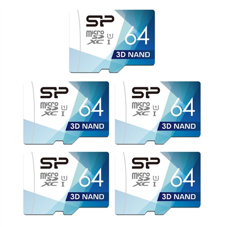 Silicon Power Lot de 5 Cartes MicroSD Haute Vitesse 64 Go avec Adaptateur