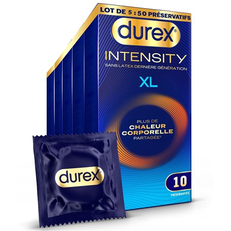 Durex Intensity - 50 préservatifs Homme XL Sans Latex Ultra Fins Ultra Lubrifiés - Plus de Chaleur Corporelle Partagée* - Taille