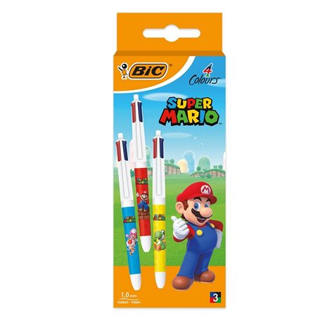 BIC - 1 Coffret de 3 Stylos 4 Couleurs Classiques - Décors Super Mario Bros Assortis - Pointe Moyenne : 1 mm - 3 Décors Différen