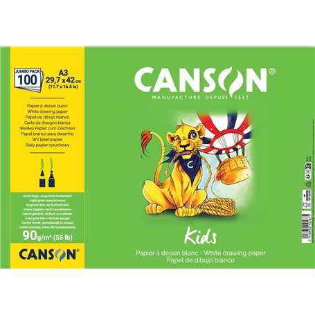 CANSON Kids Dessin - Pack 100 feuilles A3-90g/m² - Grain léger - Blanc