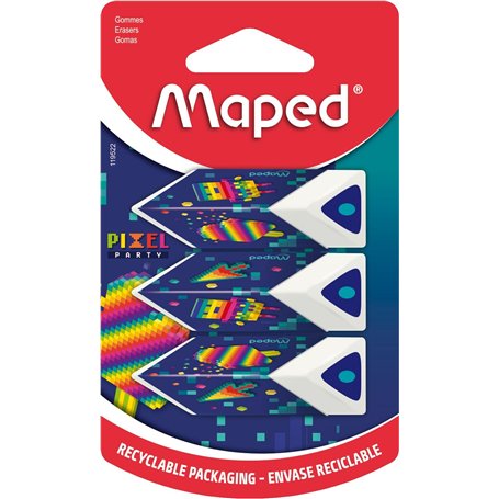 Maped - Lot de 3 Gommes Pyramides - Apporte Précision et Confort - Gomme Blanche - Gamme Pixel Party - Emballage recyclable