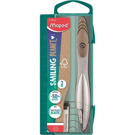 Maped - Coffret compas Study Smiling Planet Mine - Le compas responsable - Chape de la bague composée à 50% de Fibres de Bois ce
