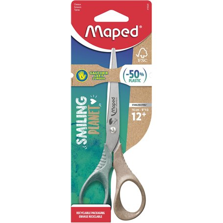 Maped - Ciseaux Shape Smiling Planet - Ciseaux Responsables pour les gauchers - Stabilité et Précision - Anneaux 50% Fibre de Bo