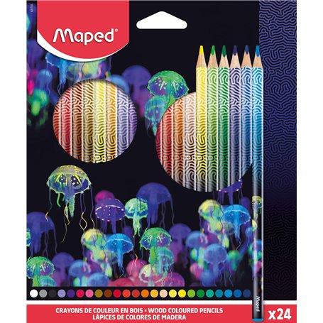 Maped - 24 Crayons de couleur Deepsea Paradise - Crayons de coloriage en bois - Mines résistantes - Forme Triangulaire Ergonomiq